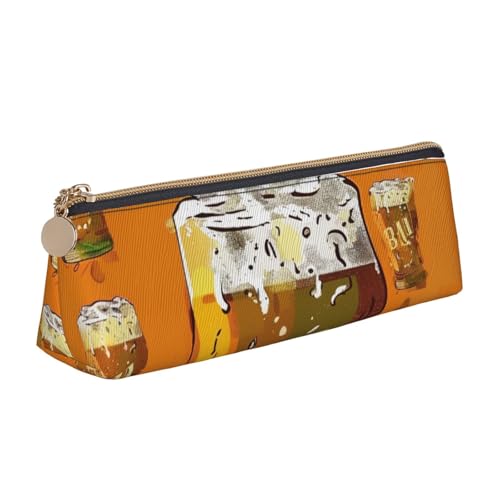 LRHCNZDCP Federmäppchen aus Leder, mit Bierdruck, dreieckig, Reißverschluss, niedliches Federmäppchen für Schule und Büro, weiß, Einheitsgröße, Schulranzen von LRHCNZDCP