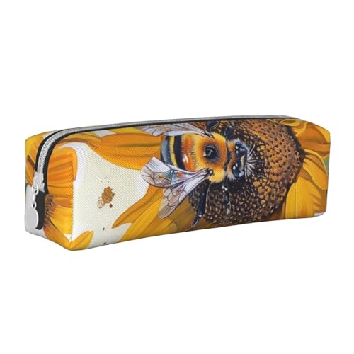 LRHCNZDCP Federmäppchen aus Leder mit Biene auf Sonnenblume – niedliches Federmäppchen mit Reißverschluss für Schule und Büro, weiß, Einheitsgröße, Schulranzen von LRHCNZDCP