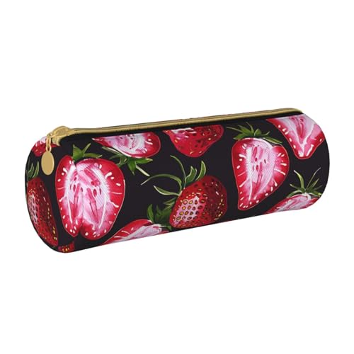LRHCNZDCP Federmäppchen aus Leder mit Erdbeermuster, runder Reißverschluss, niedliches Federmäppchen für Schule und Büro, weiß, Einheitsgröße, Schulranzen von LRHCNZDCP