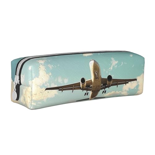 LRHCNZDCP Federmäppchen aus Leder mit Flugzeugdruck – niedliches Federmäppchen mit Reißverschluss für Schule und Büro, weiß, Einheitsgröße, Schulranzen von LRHCNZDCP