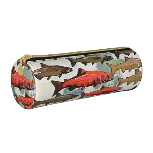 LRHCNZDCP Federmäppchen aus Leder mit Lachsdruck, runder Reißverschluss, niedliches Federmäppchen für Schule und Büro, weiß, Einheitsgröße, Schulranzen von LRHCNZDCP