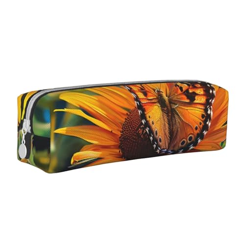 LRHCNZDCP Federmäppchen aus Leder mit Sonnenblumen- und Schmetterlingsmotiv, niedliches Federmäppchen mit Reißverschluss, für Schule und Büro, weiß, Einheitsgröße, Schulranzen von LRHCNZDCP