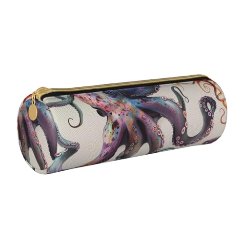 LRHCNZDCP Federmäppchen aus Leder mit Tintenfischmotiv, runder Reißverschluss, niedliches Federmäppchen für Schule und Büro, weiß, Einheitsgröße, Schulranzen von LRHCNZDCP