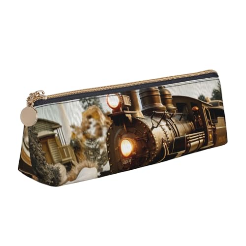 LRHCNZDCP Federmäppchen aus Leder mit Zug- und Eisenbahn-Motiv, Dreieck-Reißverschluss, niedliches Federmäppchen für Schule und Büro, weiß, Einheitsgröße, Schulranzen von LRHCNZDCP