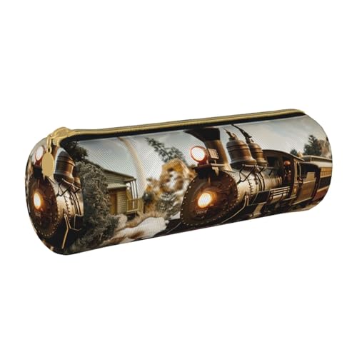 LRHCNZDCP Federmäppchen aus Leder mit Zug- und Eisenbahn-Motiv, runder Reißverschluss, niedliches Federmäppchen für Schule und Büro, weiß, Einheitsgröße, Schulranzen von LRHCNZDCP