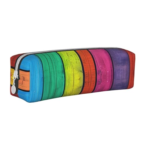 LRHCNZDCP Federmäppchen aus Leder mit farbigem Holzhintergrund, niedliches Federmäppchen mit Reißverschluss, für Schule und Büro, weiß, Einheitsgröße, Schulranzen von LRHCNZDCP