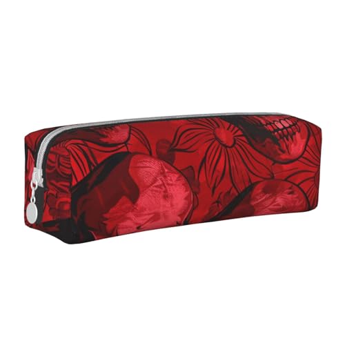 LRHCNZDCP Federmäppchen aus Leder mit roten Totenköpfen – niedliches Federmäppchen mit Reißverschluss für Schule und Büro, weiß, Einheitsgröße, Schulranzen von LRHCNZDCP