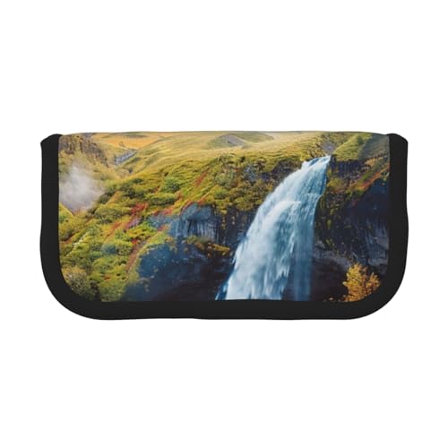 LRHCNZDCP Federmäppchen mit Berg-Wasserfall-Motiv, bedruckt, Leinen, Make-up-Tasche, Gadget, Stiftebox mit Reißverschluss, Schwarz , Einheitsgröße, Schulranzen von LRHCNZDCP