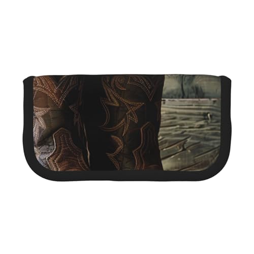 LRHCNZDCP Federmäppchen mit Cowboyhut, Westernstiefel, bedrucktes Federmäppchen, Leinen, Make-up-Tasche, Gadget-Stifttasche, Stiftebox mit Reißverschluss, Schwarz , Einheitsgröße, Schulranzen von LRHCNZDCP