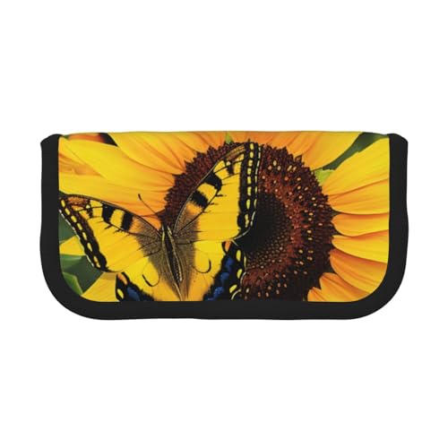 LRHCNZDCP Federmäppchen mit Schmetterlingsmotiv, Motiv: blühende Sonnenblumen, Pflanzen, Blumen, bedrucktes Federmäppchen, Leinen, Make-up-Tasche, Gadget, Stiftebox mit Reißverschluss, Schwarz , von LRHCNZDCP