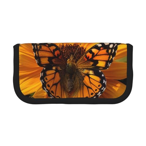 LRHCNZDCP Federmäppchen mit Sonnenblumen- und Schmetterlings-Motiv, bedruckt, aus Segeltuch, Make-up-Tasche, Gadget, Stiftebox mit Reißverschluss, Schwarz , Einheitsgröße, Schulranzen von LRHCNZDCP