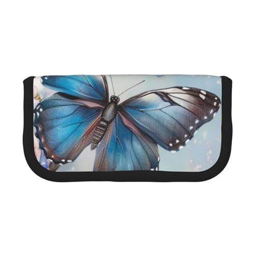 LRHCNZDCP Federmäppchen mit blauem Schmetterling auf Blüte, bedrucktes Federmäppchen, Leinen, Make-up-Tasche, Gadget, Stiftebox mit Reißverschluss, Schwarz , Einheitsgröße, Schulranzen von LRHCNZDCP