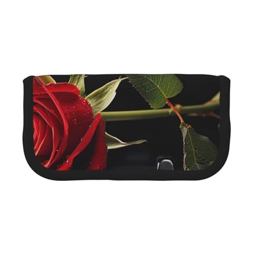 LRHCNZDCP Federmäppchen mit roter Rose auf Klavier, bedruckt, aus Segeltuch, Make-up-Tasche, Gadget, Stiftebox mit Reißverschluss, Schwarz , Einheitsgröße, Schulranzen von LRHCNZDCP