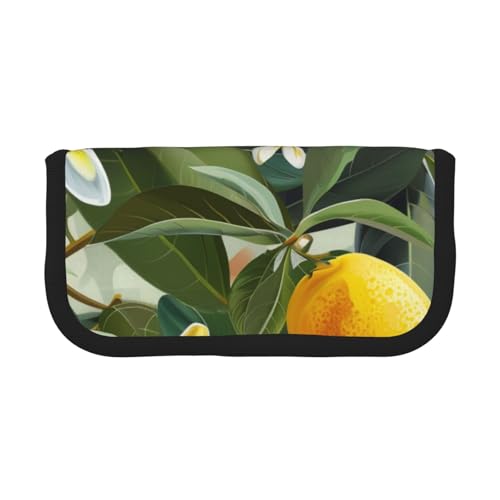 LRHCNZDCP Gelbe Zitronenblume bedrucktes Federmäppchen aus Segeltuch für Make-up, Gadget, Stifteetui mit Reißverschluss, Schwarz , Einheitsgröße, Schulranzen von LRHCNZDCP