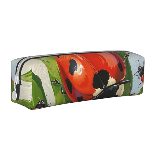 LRHCNZDCP Ladybug bedrucktes Leder-Federmäppchen – niedliches Federmäppchen mit Reißverschluss für Schule und Büro, weiß, Einheitsgröße, Schulranzen von LRHCNZDCP