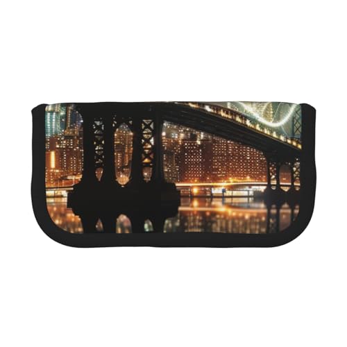 LRHCNZDCP New York Manhattan Bridge Night bedrucktes Federmäppchen aus Segeltuch, Make-up-Tasche, Gadget-Stifttasche, Stiftebox mit Reißverschluss, Schwarz , Einheitsgröße, Schulranzen von LRHCNZDCP