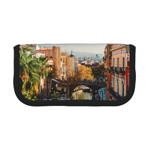 LRHCNZDCP Spanien Wasserstadt bedrucktes Federmäppchen aus Segeltuch, Make-up-Tasche, Gadget, Stiftebox mit Reißverschluss, Schwarz , Einheitsgröße, Schulranzen von LRHCNZDCP