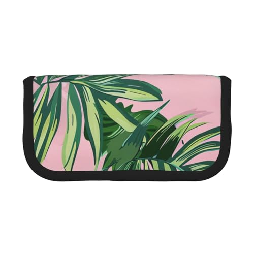 LRHCNZDCP Stifteetui aus Leinen, Motiv: grüne Palmenblätter, rosa bedruckt, Make-up-Tasche, Gadget-Stifttasche, Stiftebox mit Reißverschluss, Schwarz , Einheitsgröße, Schulranzen von LRHCNZDCP
