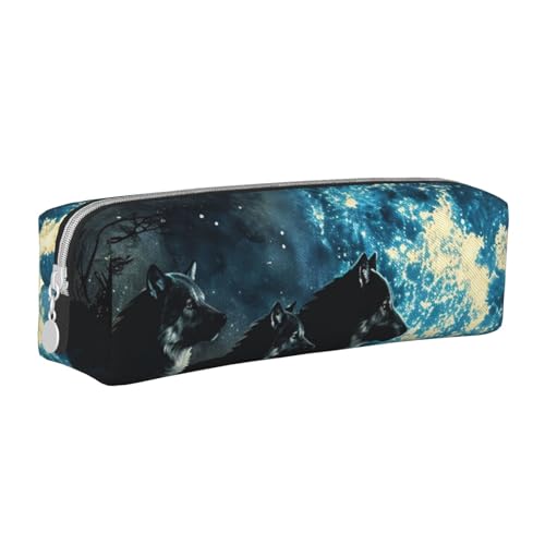 LRHCNZDCP Wolfs Federmäppchen aus bedrucktem Leder – niedliches Federmäppchen mit Reißverschluss für Schule und Büro, weiß, Einheitsgröße, Schulranzen von LRHCNZDCP