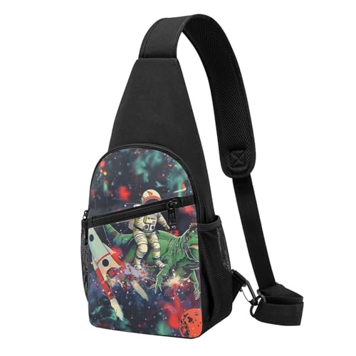 Lustige Astronauten-Brusttasche mit Dinosaurier-Raketen-Aufdruck für Männer und Frauen, Outdoor-Crossbody-Bauchtasche, Wandern, Brusttaschen, Sport-Tagesrucksäcke, Schwarz , Einheitsgröße, Lässiger von LRHCNZDCP