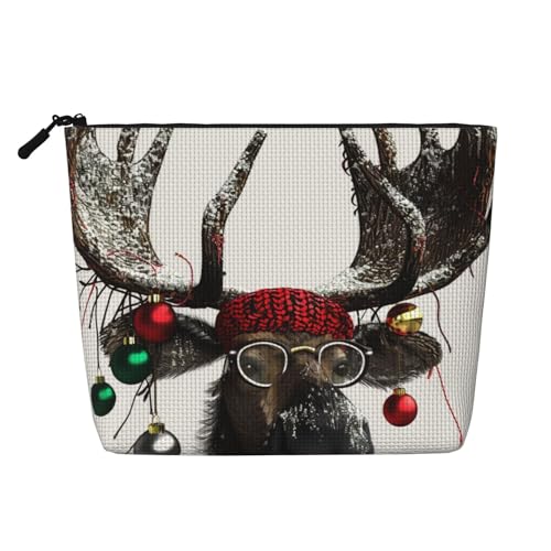 Lustiger Weihnachts-Make-up-Tasche mit Elch-Motiv, bedruckt, aus Leinenimitat, wasserdicht, Kosmetiktasche für Damen, Schwarz , Einheitsgröße, Kosmetiktasche von LRHCNZDCP