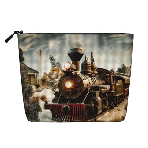 Reise-Make-up-Tasche mit Zug- und Eisenbahn-Motiv, Leinenimitat, wasserdicht, Kosmetiktasche für Damen, Schwarz , Einheitsgröße, Kosmetiktasche von LRHCNZDCP