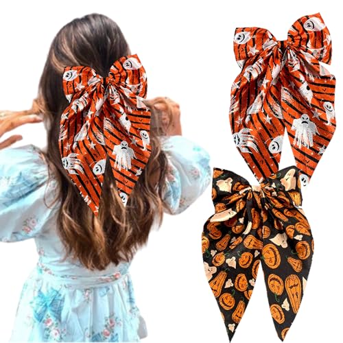 Halloween-Haarschleifen für Damen und Mädchen, 2 Stück, niedlicher weißer Geist, Kürbis, Haarschmuck, schwarz-orange, große Haarschleifen, lange Schwanz, Schleife, Haarbänder, Herbst, Halloween-Haarschleifen für Damen und Mädchen, 2 Stück, niedlicher weißer Geist, Kürbis, Haarschmuck, schwarz-orange, große Haarschleifen, lange Schwanz, Schleife, Haarbänder, Herbst, von LRKNNO