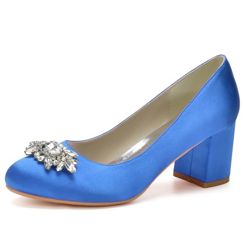 Absätze Für Frauen Runde Zehe Chunky Pumps Schuhe Block High Heel Slip-On Kleid Büro Party Hochzeit Schuhe,Blau,37 EU von LRMYMHY