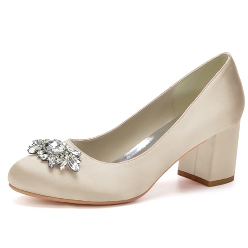 Absätze Für Frauen Runde Zehe Chunky Pumps Schuhe Block High Heel Slip-On Kleid Büro Party Hochzeit Schuhe,Champagne,37 EU von LRMYMHY