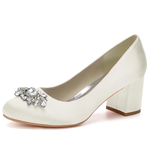 Absätze Für Frauen Runde Zehe Chunky Pumps Schuhe Block High Heel Slip-On Kleid Büro Party Hochzeit Schuhe,Elfenbein,37 EU von LRMYMHY