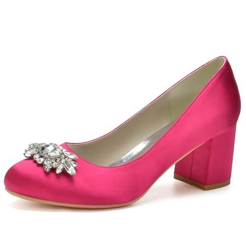 Absätze Für Frauen Runde Zehe Chunky Pumps Schuhe Block High Heel Slip-On Kleid Büro Party Hochzeit Schuhe,Fuchsia,36 EU von LRMYMHY