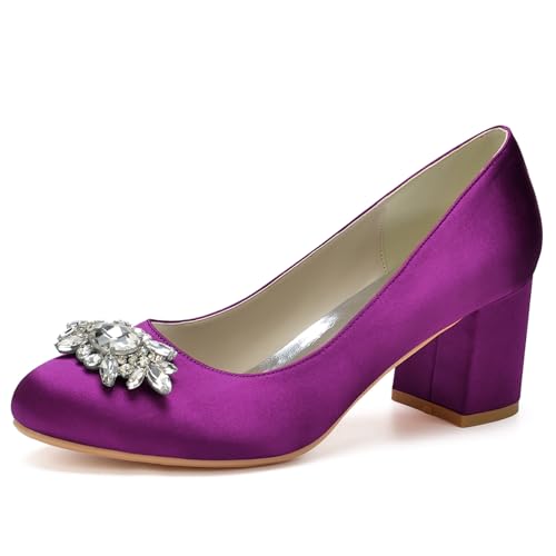 Absätze Für Frauen Runde Zehe Chunky Pumps Schuhe Block High Heel Slip-On Kleid Büro Party Hochzeit Schuhe,Lila,43 EU von LRMYMHY