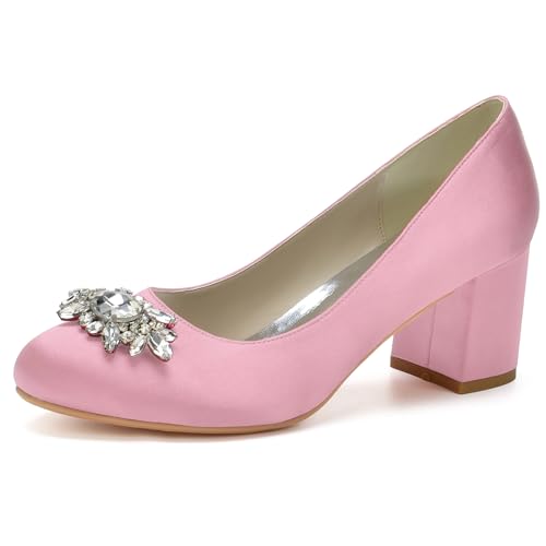 Absätze Für Frauen Runde Zehe Chunky Pumps Schuhe Block High Heel Slip-On Kleid Büro Party Hochzeit Schuhe,Rosa,35 EU von LRMYMHY