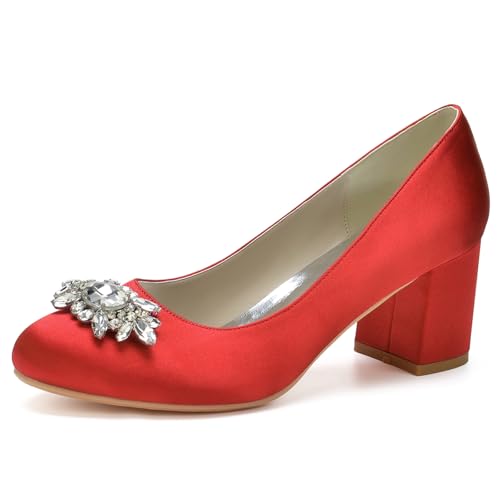 Absätze Für Frauen Runde Zehe Chunky Pumps Schuhe Block High Heel Slip-On Kleid Büro Party Hochzeit Schuhe,Rot,37 EU von LRMYMHY