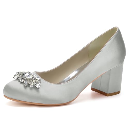 Absätze Für Frauen Runde Zehe Chunky Pumps Schuhe Block High Heel Slip-On Kleid Büro Party Hochzeit Schuhe,Silber,42 EU von LRMYMHY