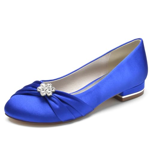 Brautkleid Schuhe für Frauen Runde Spitze Braut Ballerinas Satin Ballerinas Slip on Abend Abschlussball Party Pumps,Blau,38 EU von LRMYMHY