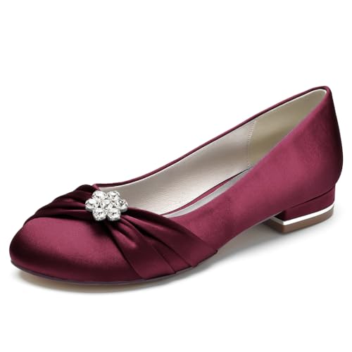 Brautkleid Schuhe für Frauen Runde Spitze Braut Ballerinas Satin Ballerinas Slip on Abend Abschlussball Party Pumps,Burgundy,38 EU von LRMYMHY