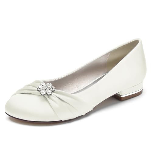 Brautkleid Schuhe für Frauen Runde Spitze Braut Ballerinas Satin Ballerinas Slip on Abend Abschlussball Party Pumps,Elfenbein,40 EU von LRMYMHY