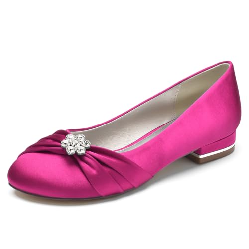 Brautkleid Schuhe für Frauen Runde Spitze Braut Ballerinas Satin Ballerinas Slip on Abend Abschlussball Party Pumps,Fuchsia,38 EU von LRMYMHY