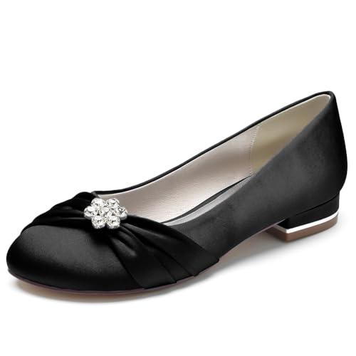 Brautkleid Schuhe für Frauen Runde Spitze Braut Ballerinas Satin Ballerinas Slip on Abend Abschlussball Party Pumps,Schwarz,41 EU von LRMYMHY
