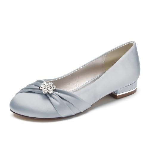 Brautkleid Schuhe für Frauen Runde Spitze Braut Ballerinas Satin Ballerinas Slip on Abend Abschlussball Party Pumps,Silber,42 EU von LRMYMHY
