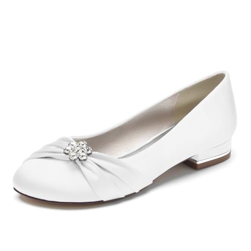 Brautkleid Schuhe für Frauen Runde Spitze Braut Ballerinas Satin Ballerinas Slip on Abend Abschlussball Party Pumps,Weiß,39 EU von LRMYMHY