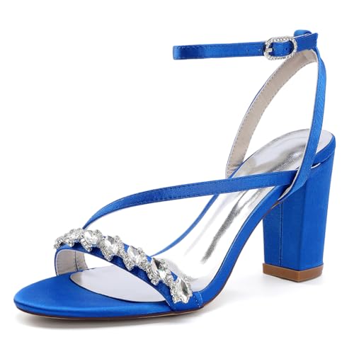 Chunky Block Heels Für Frauen High Heel Knöchelriemen Hochzeitsschuhe Offene Zehe Dressy Pumps Slingback Brautsandalen,Blau,36 EU von LRMYMHY