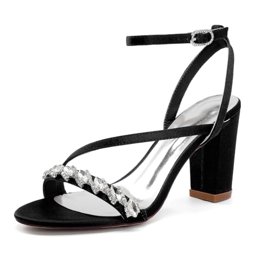 Chunky Block Heels Für Frauen High Heel Knöchelriemen Hochzeitsschuhe Offene Zehe Dressy Pumps Slingback Brautsandalen,Schwarz,39 EU von LRMYMHY