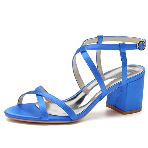 Chunky Block Heels für Frauen Knöchelriemen Hochzeitsschuhe Offene Absätze Elegante Pumps Sandalen,Blau,41 EU von LRMYMHY