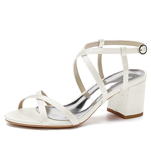 Chunky Block Heels für Frauen Knöchelriemen Hochzeitsschuhe Offene Absätze Elegante Pumps Sandalen,Elfenbein,36 EU von LRMYMHY