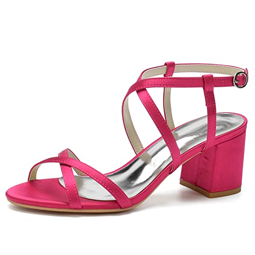 Chunky Block Heels für Frauen Knöchelriemen Hochzeitsschuhe Offene Absätze Elegante Pumps Sandalen,Fuchsia,41 EU von LRMYMHY