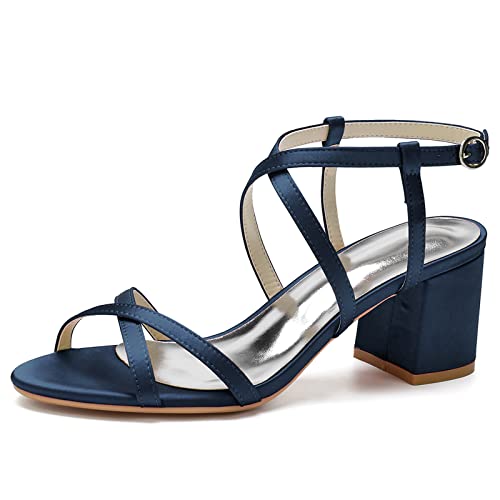 Chunky Block Heels für Frauen Knöchelriemen Hochzeitsschuhe Offene Absätze Elegante Pumps Sandalen,Marine,41 EU von LRMYMHY