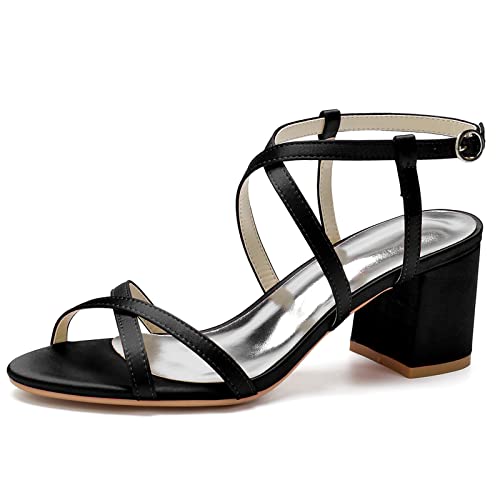 Chunky Block Heels für Frauen Knöchelriemen Hochzeitsschuhe Offene Absätze Elegante Pumps Sandalen,Schwarz,40 EU von LRMYMHY