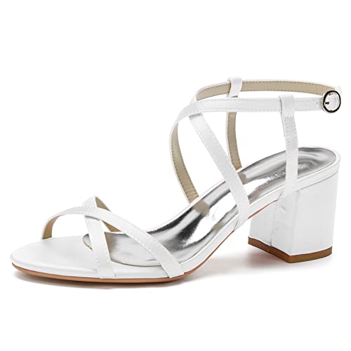 Chunky Block Heels für Frauen Knöchelriemen Hochzeitsschuhe Offene Absätze Elegante Pumps Sandalen,Weiß,35 EU von LRMYMHY